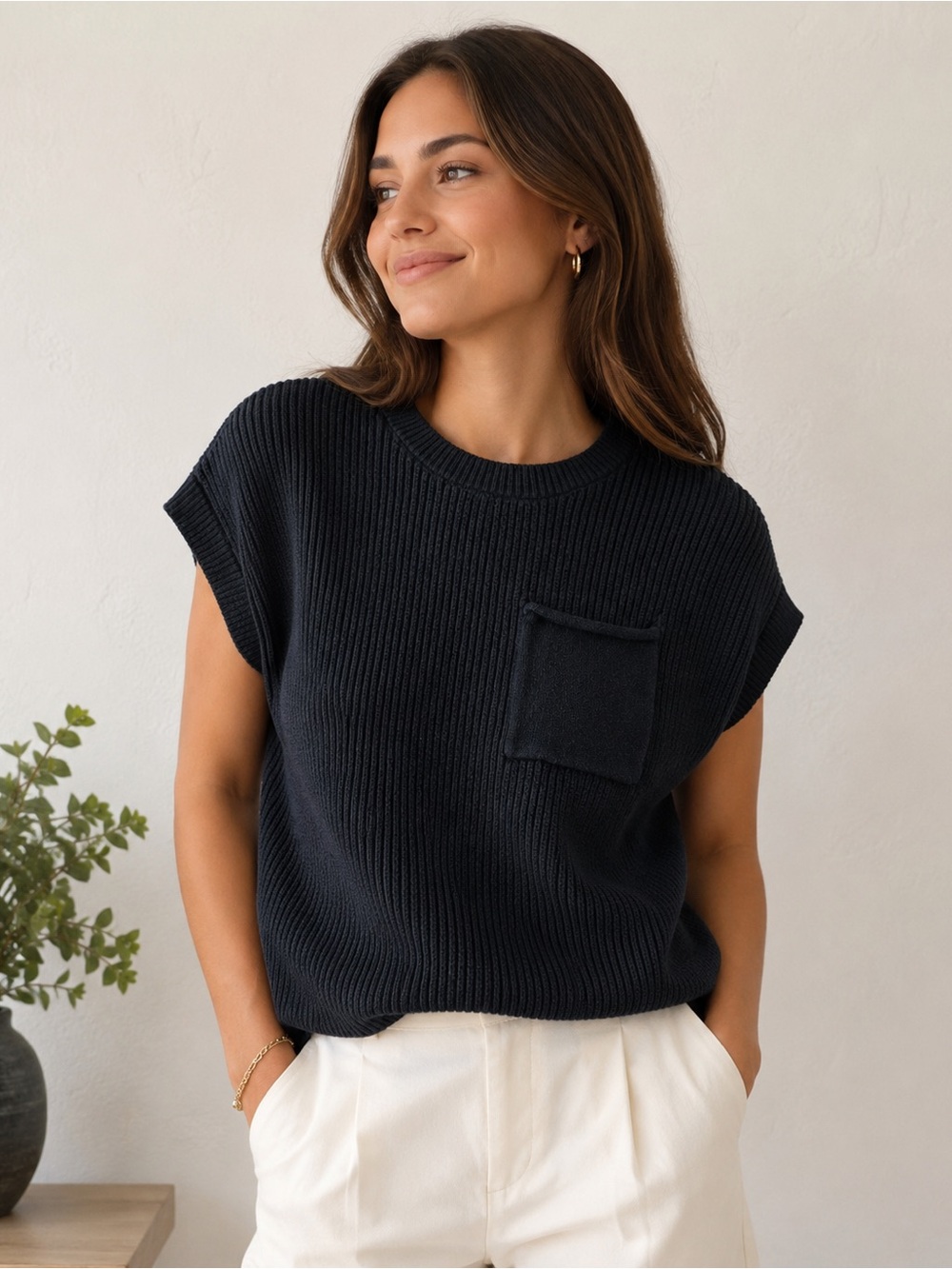 Lou & Grey Black Ribbed Sweater Vest with Pocket | Size Small